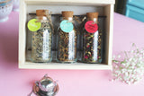Rustic Pinewood Tea Gift Box with Glass Bottles – 3 Premium Loose Leaf Teas