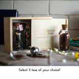 Rustic Pinewood Tea Gift Box with Glass Bottles – 3 Premium Loose Leaf Teas